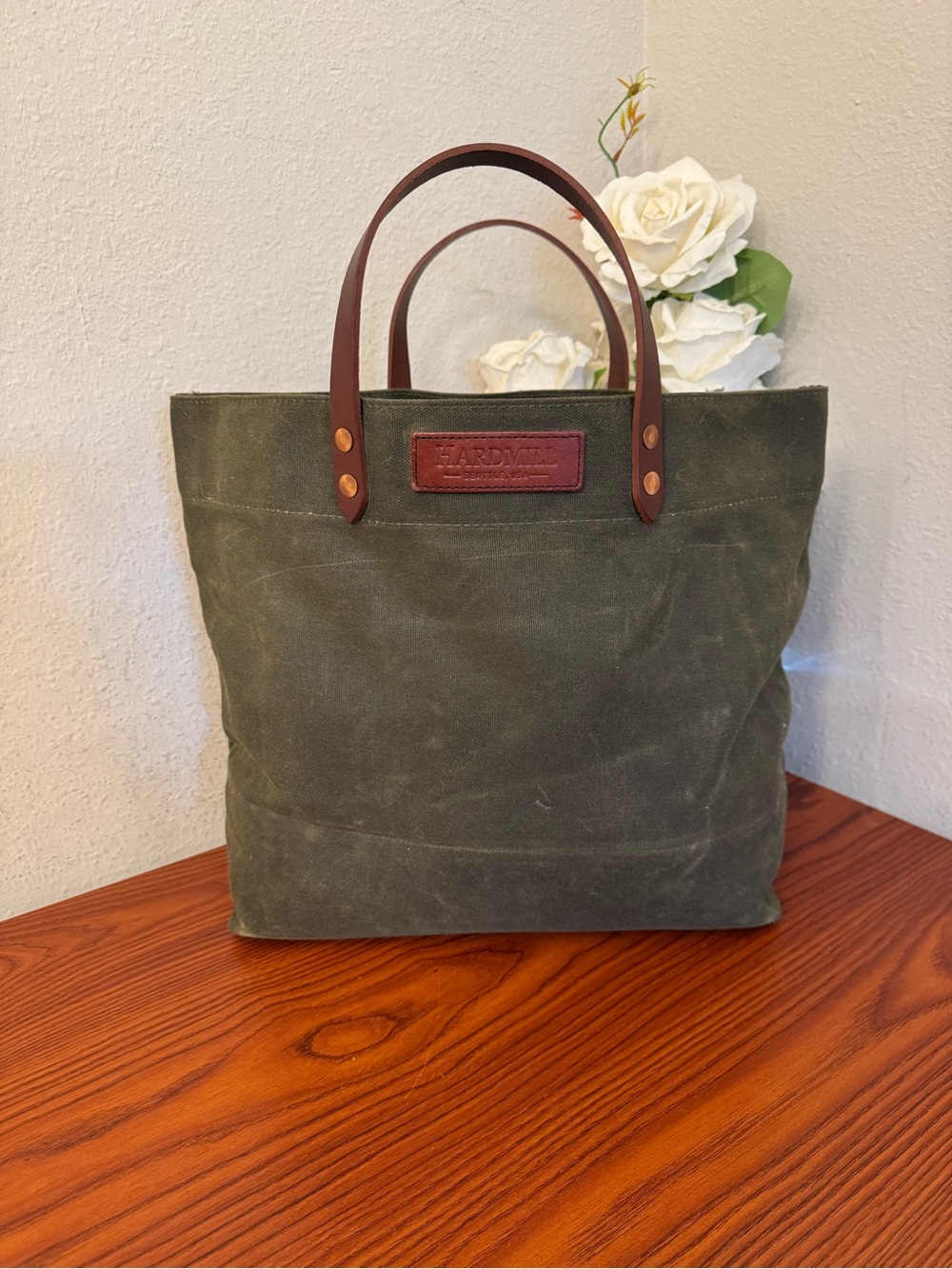 Hardmill Olive Green Waxed Canvas Duffel Tote with Brown Leather Handles